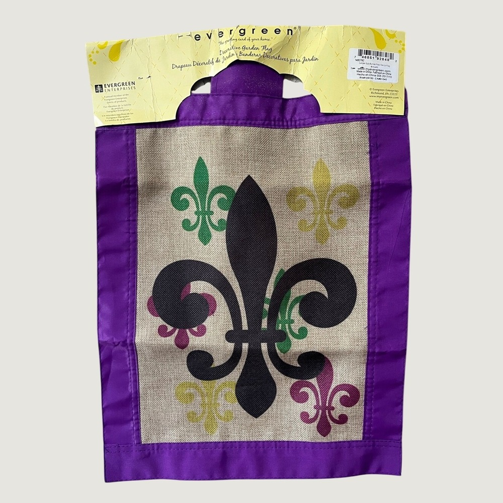 Evergreen Fleur de Lis Garden Flag Burlap Purple Green Gold Mardi Gras NWT